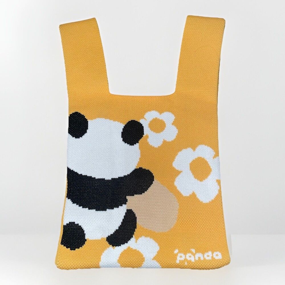 Tote Bag Heavy Knit Yellow Blk & White Panda Print & Soft Plushie Panda - Picture 2 of 3